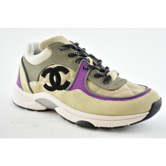 Chanel 21B Beige Purple Black White CC Logo Tie Flat Runner Trainer Sneaker 40.5 - Picture 3 of 11